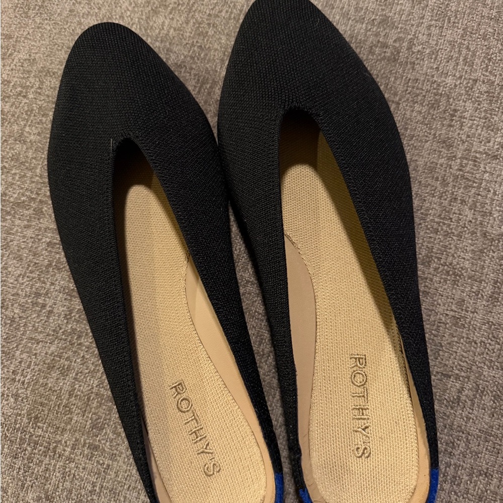 Rothy's Black Pointed Flats with Blue Heel Trim - Picture 2 of 7
